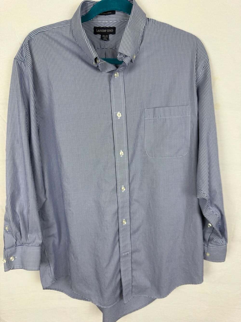Lands' End No Iron Pinpoint Oxford Shirt Size 16.5-32 Blue Gingham Traditional